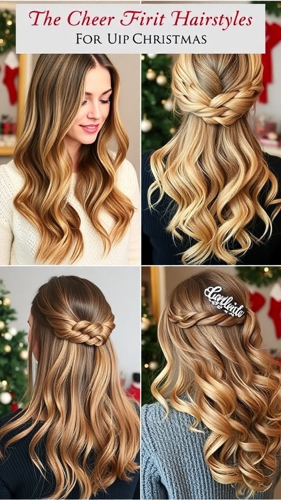 Elegant Christmas hairstyles with hair down, including loose waves, half-up braids, sleek straight hair, and side-swept curls, decorated with festive accessories.